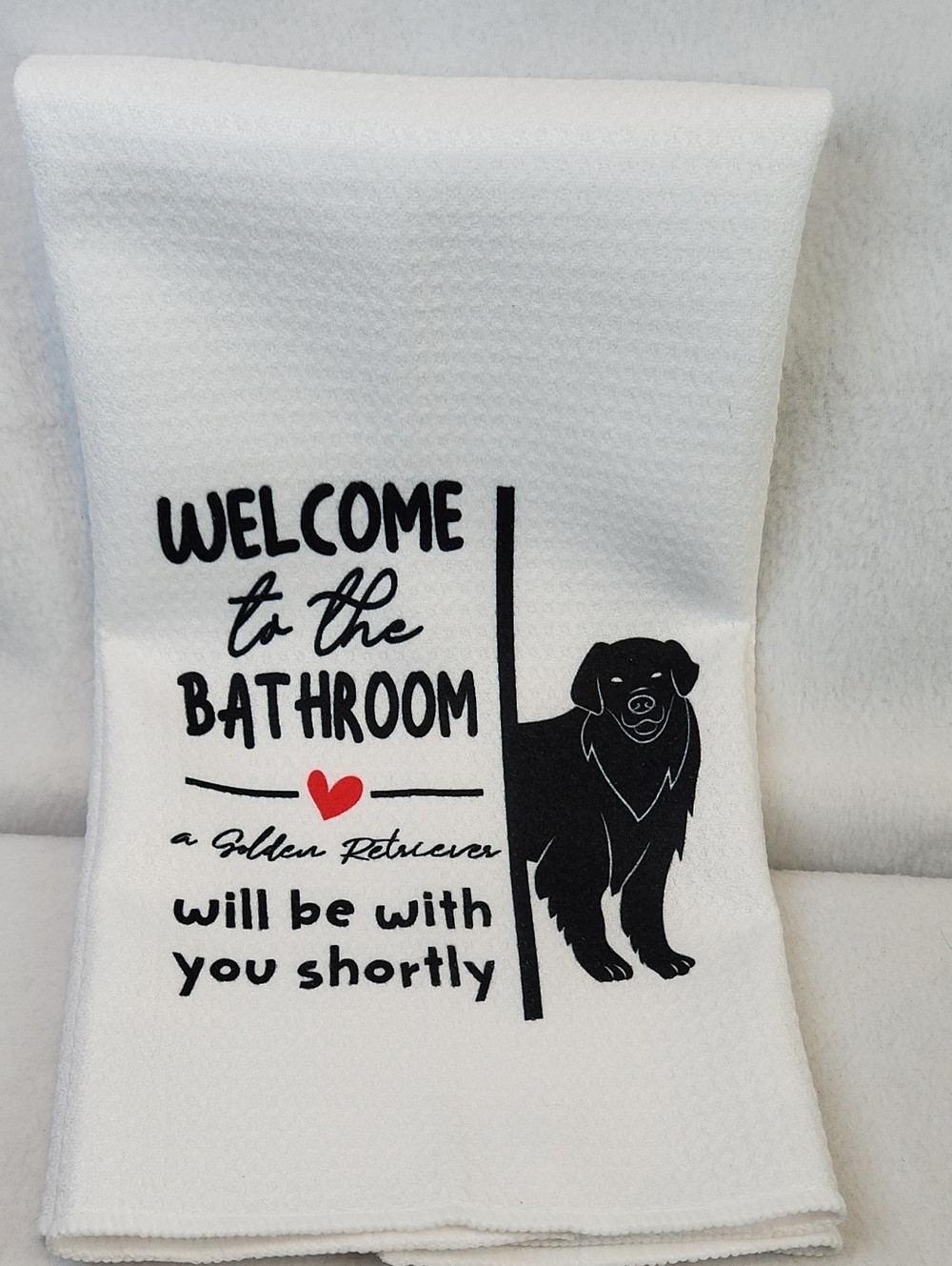 Welcome to the Bathroom Golden Retriever Cotton Hand Towel - White